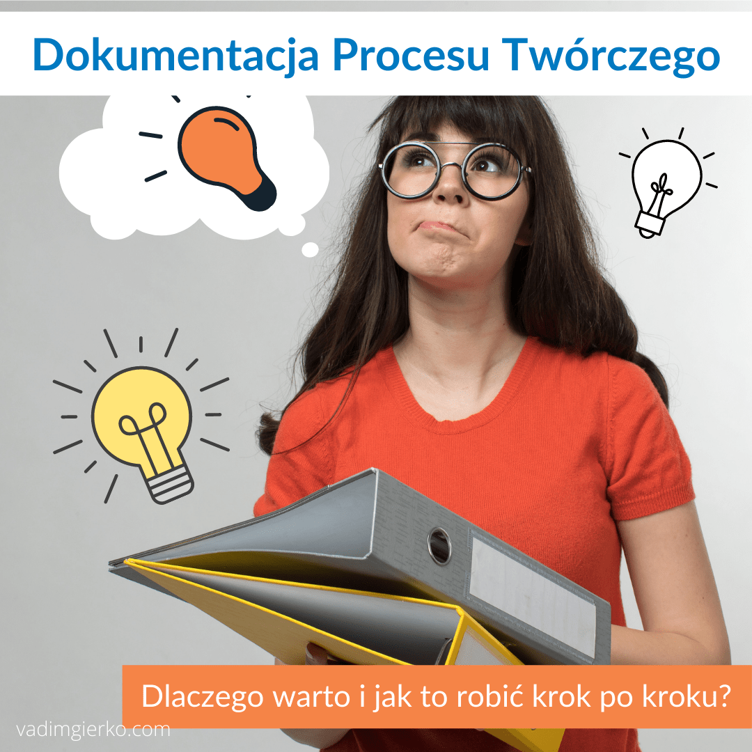 ilustracja artykułu o dokumentacji procesu twórczego młoda kobieta otoczona podobiznami żarówek trzyma w ręku segregatory