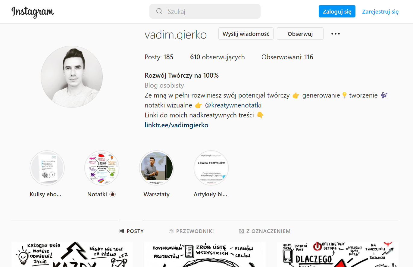 screen profilu "Kreatywnych Notatek" na Instagramie